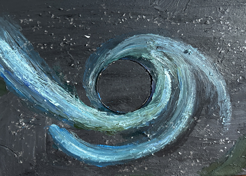a spiral of vibrant blue on a dark grey background
